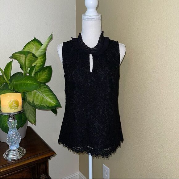 J Crew Lace Ruffle Neck Top Size Small Black Shirt Blouse Lined H2203 - Picture 2 of 3